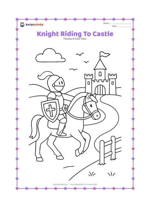 Colouring page: A knight rides a sturdy horse along a countryside road toward a castle gate, carrying a shield on one arm. Add fence posts, rolling hills, and a few birds in the sky.