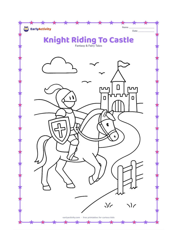 Colouring page: A knight rides a sturdy horse along a countryside road toward a castle gate, carrying a shield on one arm. Add fence posts, rolling hills, and a few birds in the sky.