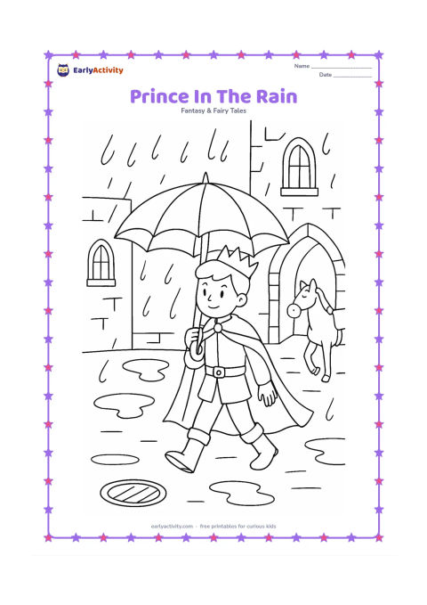 Colouring page: A prince in a cape carries a large umbrella while crossing a castle courtyard during a gentle rain shower. Include puddles, arched windows, a drain, and a waiting horse.