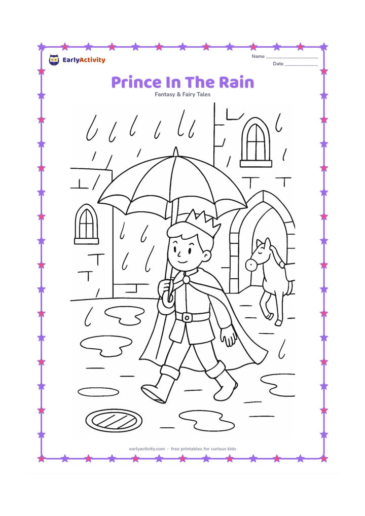 Colouring page: A prince in a cape carries a large umbrella while crossing a castle courtyard during a gentle rain shower. Include puddles, arched windows, a drain, and a waiting horse.