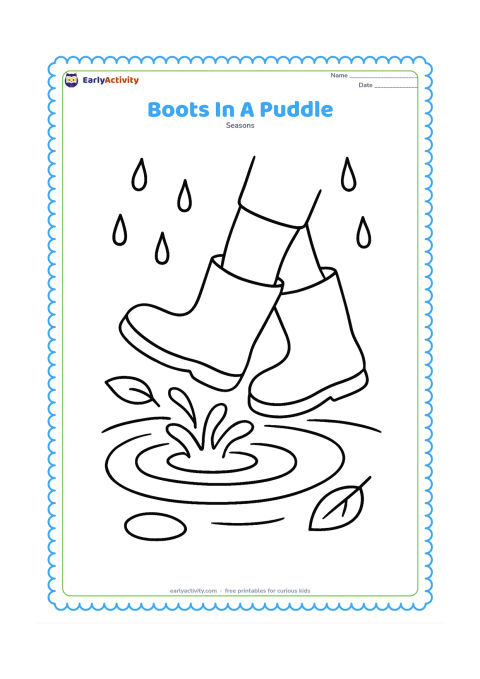 Colouring page: Show only a child's lower legs in rain boots making one gentle splash in a wide puddle. Add a few large ripples, two leaves, and falling raindrops.