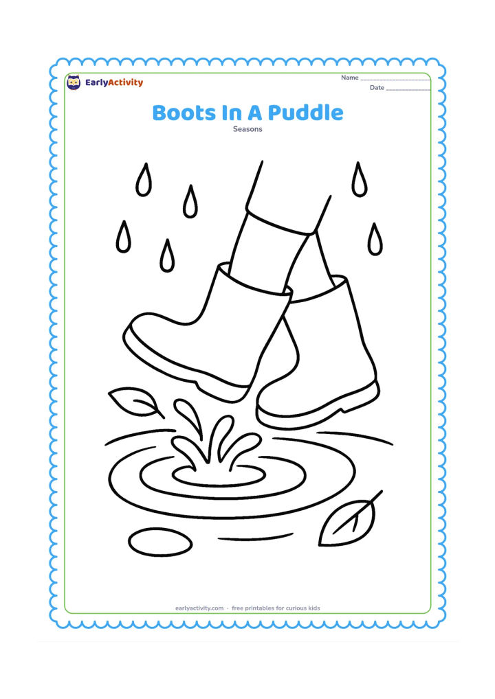 Colouring page: Show only a child's lower legs in rain boots making one gentle splash in a wide puddle. Add a few large ripples, two leaves, and falling raindrops.