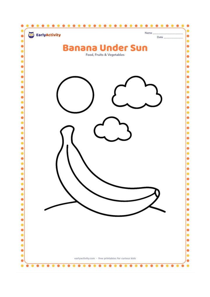 Colouring page: Draw one large banana on a simple patch of ground beneath a smiling sun and two fluffy clouds. The sun and clouds should be plain shapes with no facial features or marks.