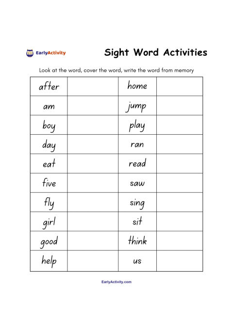 Worksheet with 20 sight words in two columns. Children look at each word, cover it and write it from memory.
