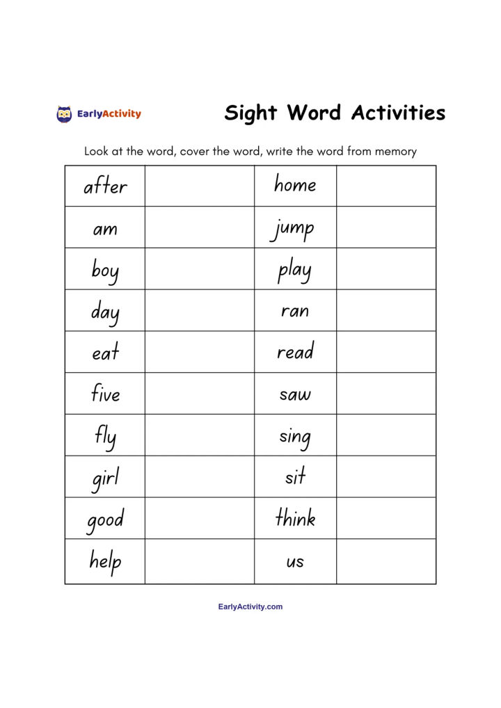 Worksheet with 20 sight words in two columns. Children look at each word, cover it and write it from memory.