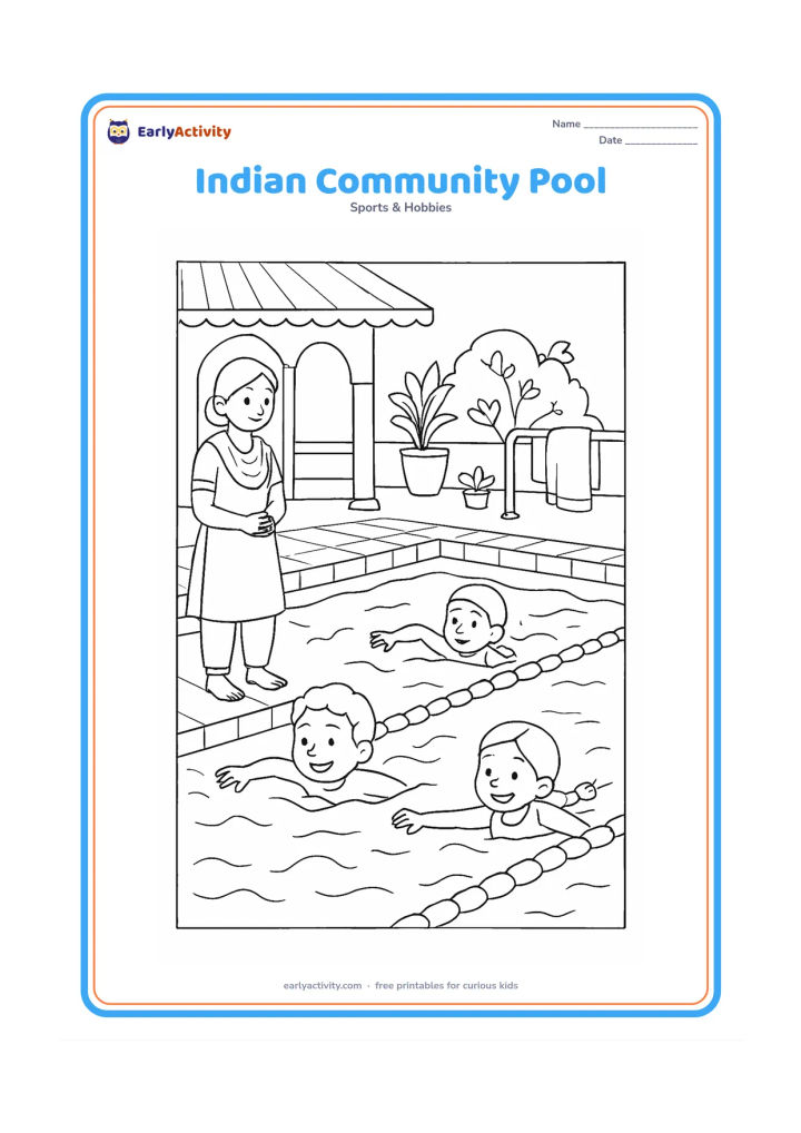 Colouring page: Children practise swimming in a community pool in India while an adult supervisor watches from the deck. Include tiled pool edges, lane ropes, a shaded veranda, potted plants and towels,…