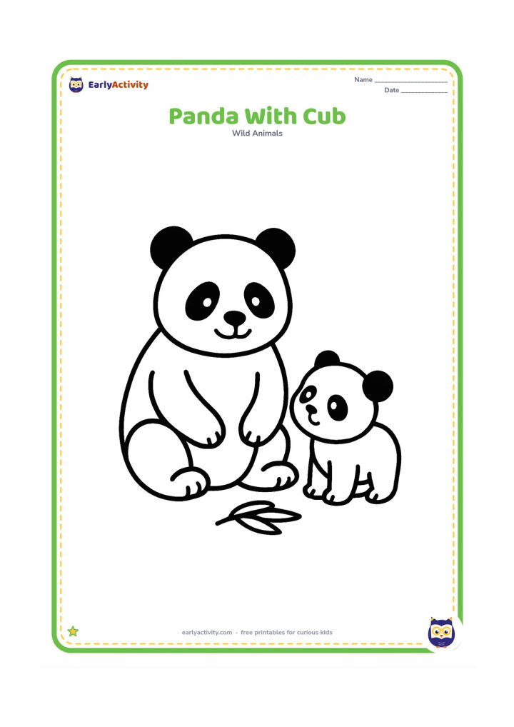 Colouring page: Draw a large panda sitting beside a small cub that is standing and looking up at it. Add one simple bamboo leaf on the ground.