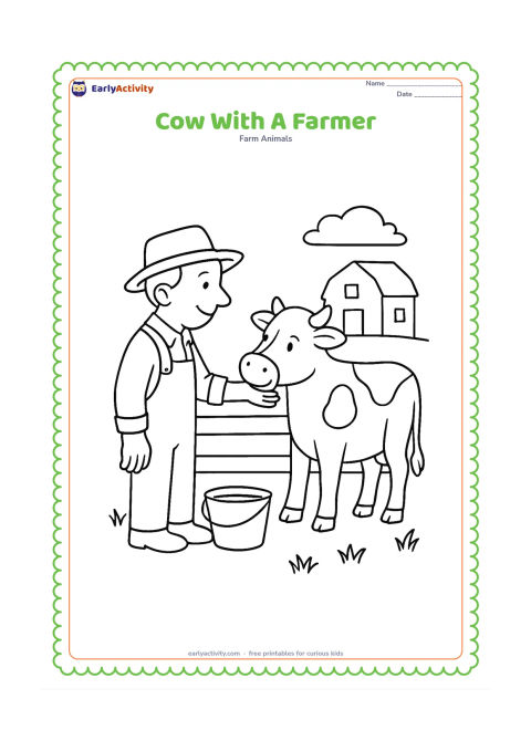 Colouring page: A smiling farmer gently pats a cow's neck beside a farm fence. Include a water bucket, a few grass tufts, and a simple farmhouse shape in the distance.