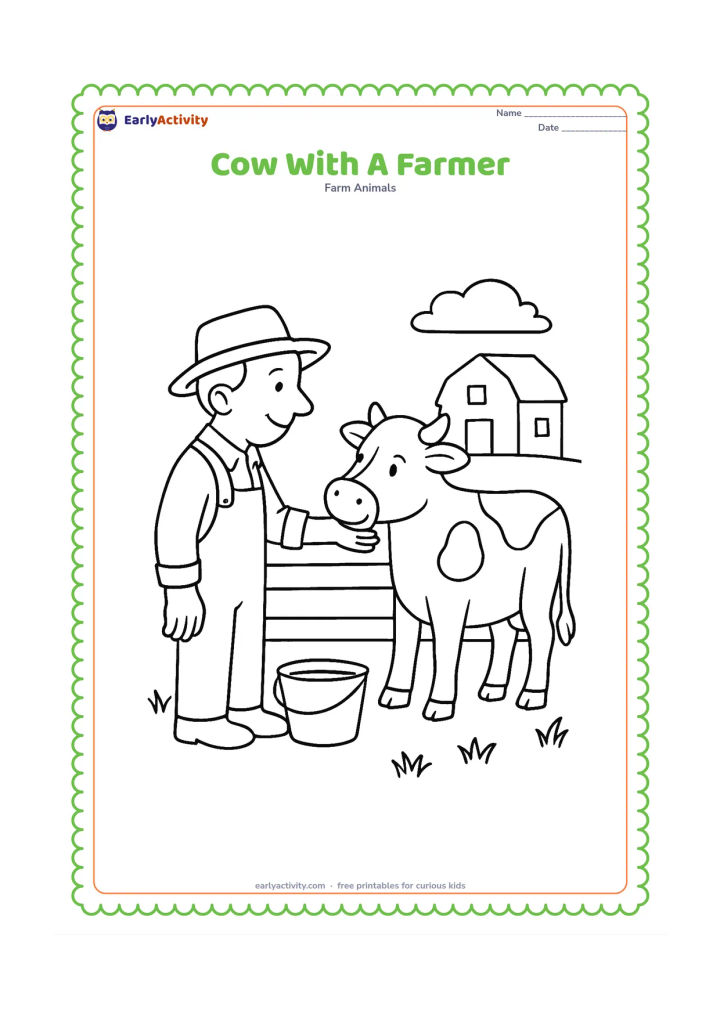 Colouring page: A smiling farmer gently pats a cow's neck beside a farm fence. Include a water bucket, a few grass tufts, and a simple farmhouse shape in the distance.