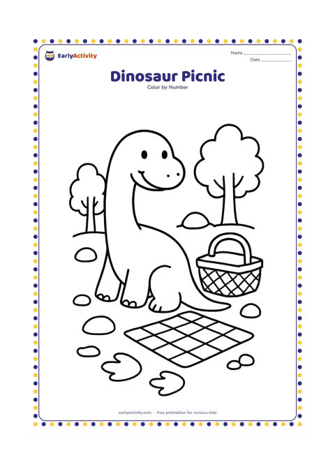 Colouring page: Draw a friendly long-necked dinosaur sitting beside a picnic basket and a checked picnic blanket. Add two simple trees, three rocks, and a trail of large footprints.