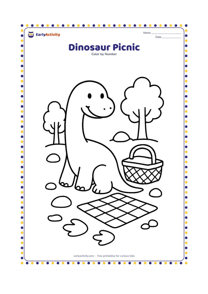 Colouring page: Draw a friendly long-necked dinosaur sitting beside a picnic basket and a checked picnic blanket. Add two simple trees, three rocks, and a trail of large footprints.