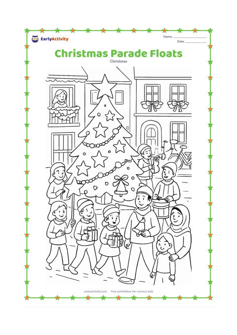 Colouring page: Children and adults walk beside a festive parade float shaped like a Christmas tree, carrying stars, bells and gifts through a town street. Include musicians, decorated balconies,…