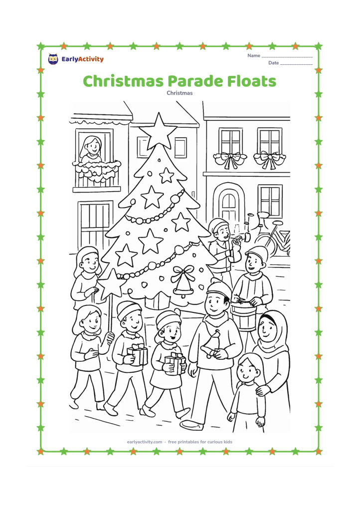 Colouring page: Children and adults walk beside a festive parade float shaped like a Christmas tree, carrying stars, bells and gifts through a town street. Include musicians, decorated balconies,…