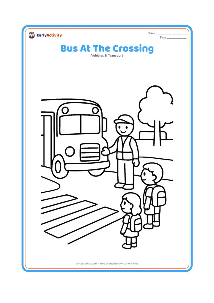 Colouring page: Draw a large school bus stopped before a broad striped pedestrian crossing while two children wait on the pavement beside an adult crossing helper. Include a simple road edge, one leafy…
