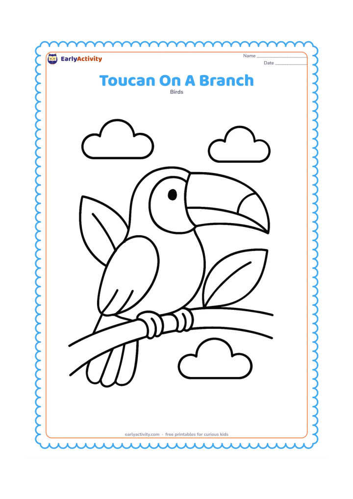 Colouring page: A single toucan sits on a thick, gently curved branch, facing right with its feet wrapped around the branch. Add only two large leaves behind the bird and a few simple cloud shapes in…