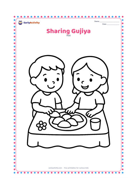 Colouring page: Two children sit at a low table and share a plate of round gujiya sweets. Add a simple cloth, one cup, and a small flower decoration on the table.