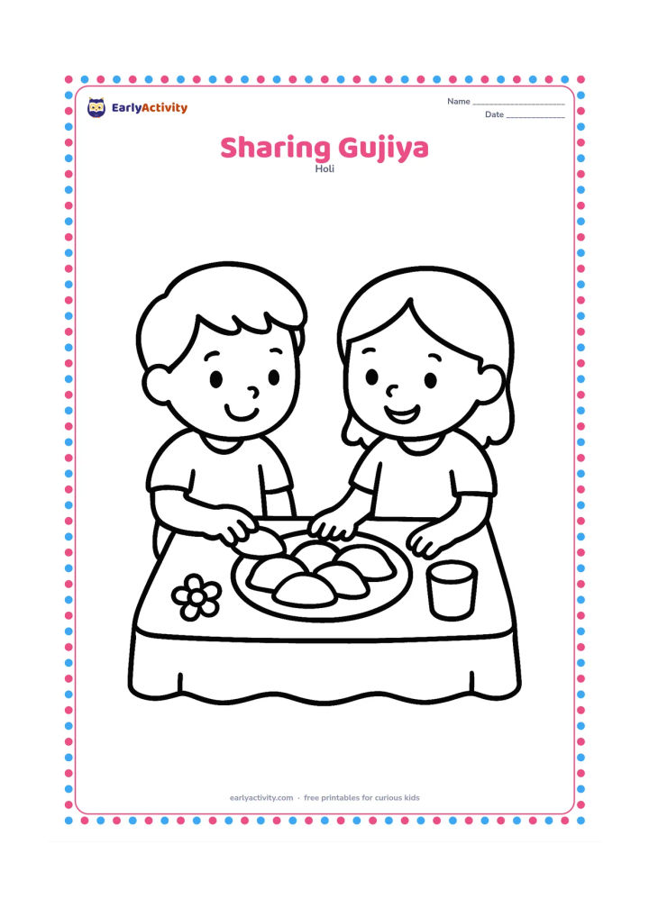 Colouring page: Two children sit at a low table and share a plate of round gujiya sweets. Add a simple cloth, one cup, and a small flower decoration on the table.