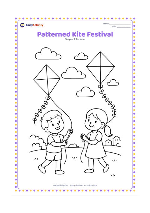 Colouring page: Draw two children flying diamond-shaped kites in an open Indian park, with alternating triangle sections inside each kite. Add curved kite tails made from repeated circles, a few clouds,…