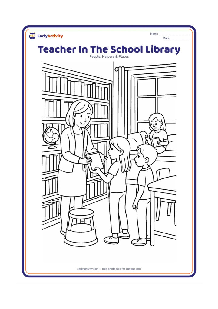 Colouring page: A teacher helps two children choose books from a detailed library corner, while another child reads in a window seat. Show tall shelves, a rolling step stool, a globe, cushions and a…