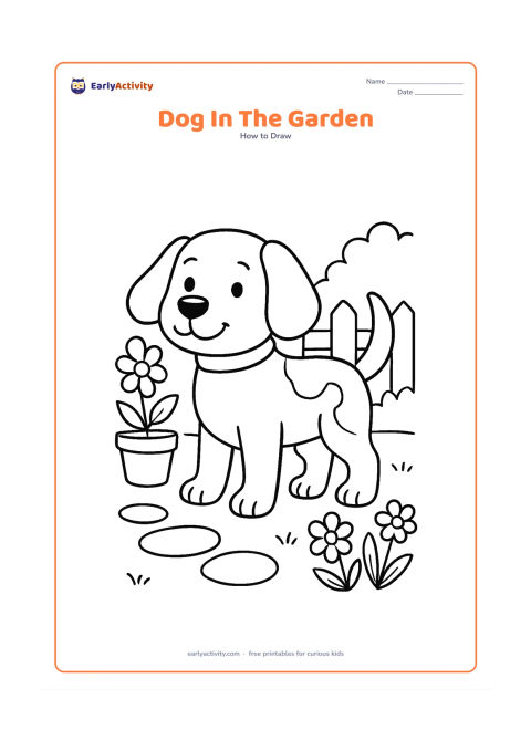 Worksheet: Show a friendly dog standing among a garden path, potted plants, flowers and a low fence through blank, unlabeled drawing stages. Add floppy ears, a collar and a few coat spots to the dog.