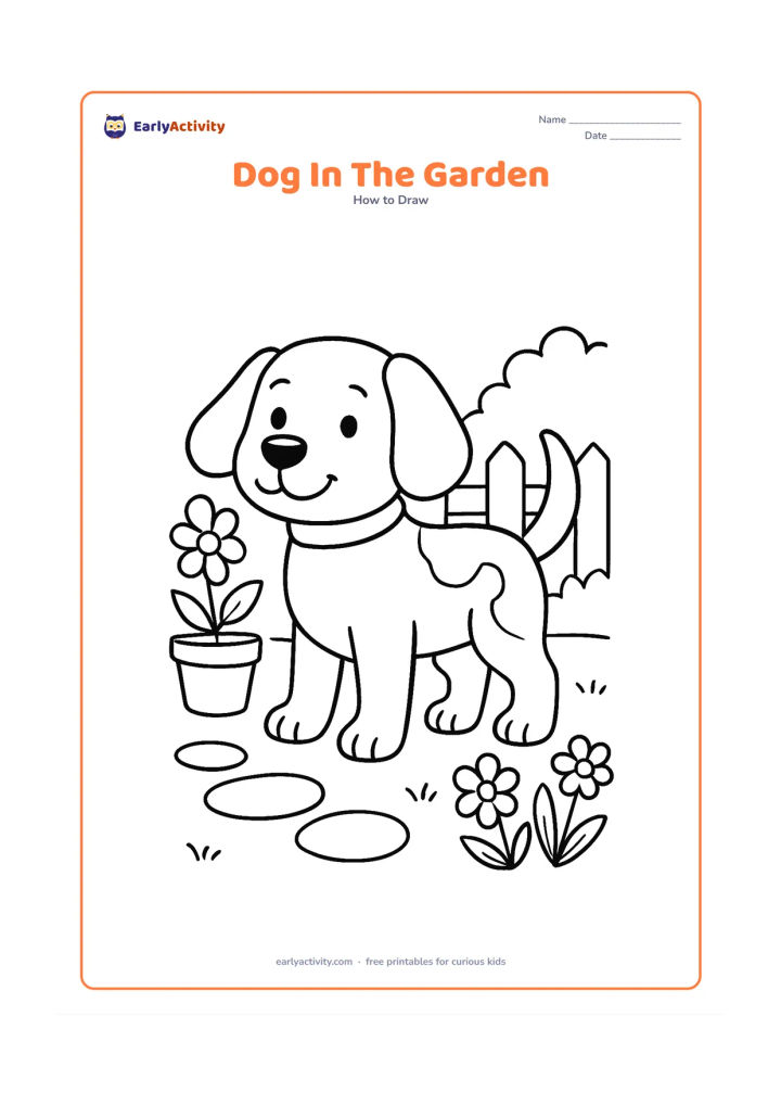 Worksheet: Show a friendly dog standing among a garden path, potted plants, flowers and a low fence through blank, unlabeled drawing stages. Add floppy ears, a collar and a few coat spots to the dog.