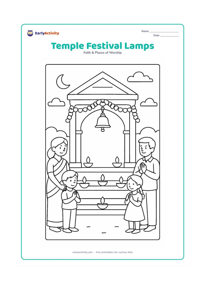 Colouring page: A temple entrance at dusk with several oil lamps arranged along the steps, a bell above the doorway and flower garlands around the gateway. Show two families standing respectfully in the…