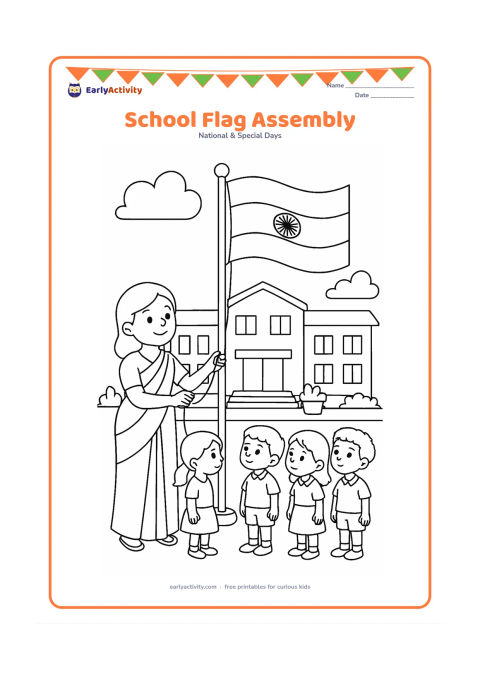 Colouring page: Draw a school courtyard ceremony with a teacher raising an Indian flag on a tall pole while four children stand respectfully nearby. Include a school building, steps, potted plants and a…