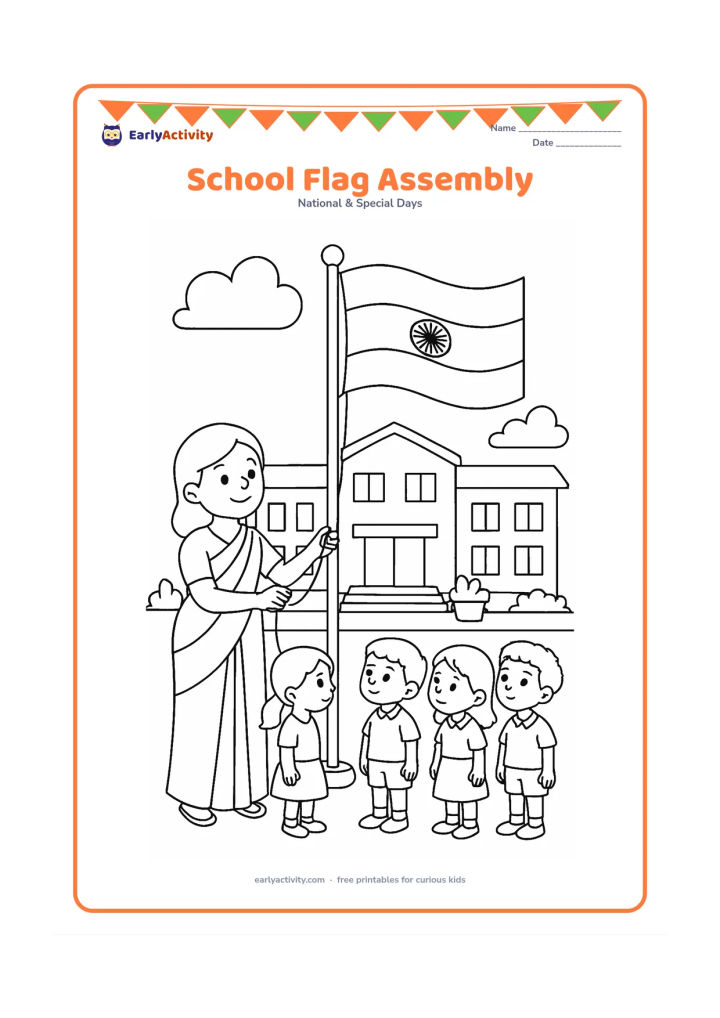 Colouring page: Draw a school courtyard ceremony with a teacher raising an Indian flag on a tall pole while four children stand respectfully nearby. Include a school building, steps, potted plants and a…