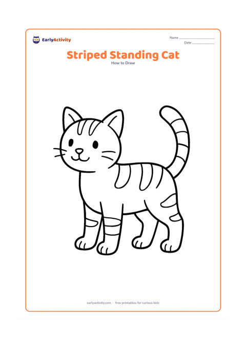 Worksheet: Draw a standing side-view cat with four legs, a raised curved tail, pointed ears, and a slightly turned head. Add clear curved stripes on the forehead, back, tail, and legs.