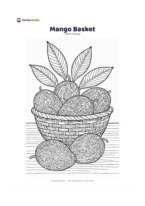 Colouring page: Show a woven basket filled with several mangoes, with two mangoes resting beside it and a few broad mango leaves behind. Arrange the fruit in large overlapping shapes with a simple…