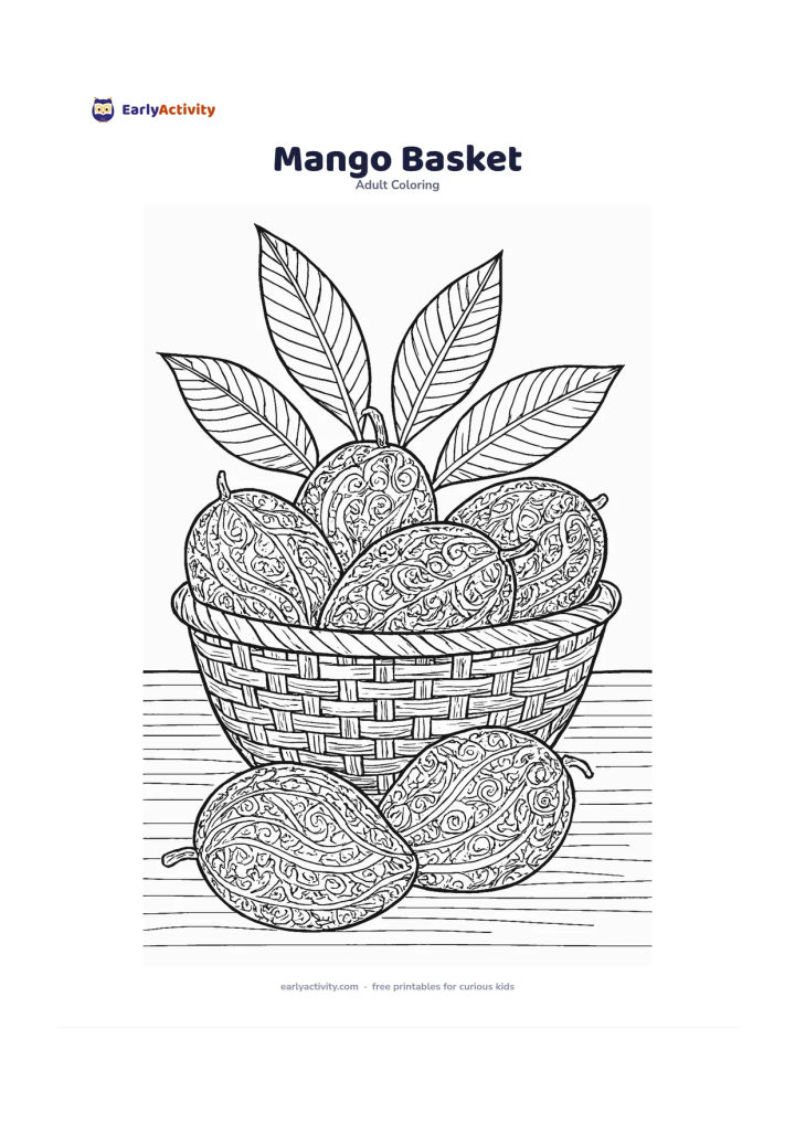 Colouring page: Show a woven basket filled with several mangoes, with two mangoes resting beside it and a few broad mango leaves behind. Arrange the fruit in large overlapping shapes with a simple…