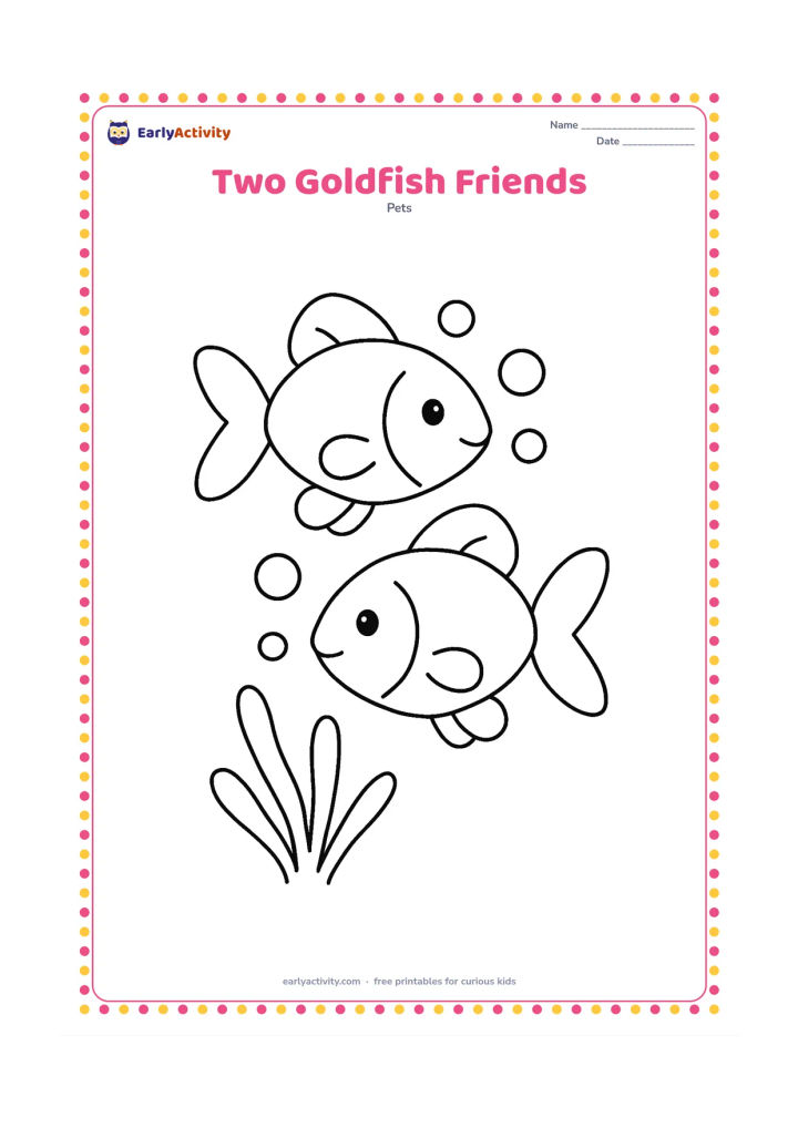 Colouring page: Draw two large rounded goldfish swimming side by side in opposite directions, with a few big bubbles between them. Use only one simple plant shape behind the pair.