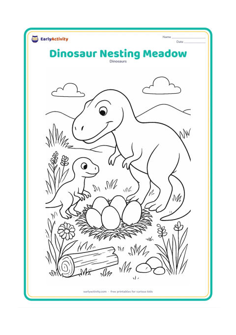 Colouring page: Draw a gentle mother T-Rex watching over a nest of several eggs in a meadow. Include a baby dinosaur, tall grasses, wild prehistoric flowers, a fallen log, rocks and distant hills.