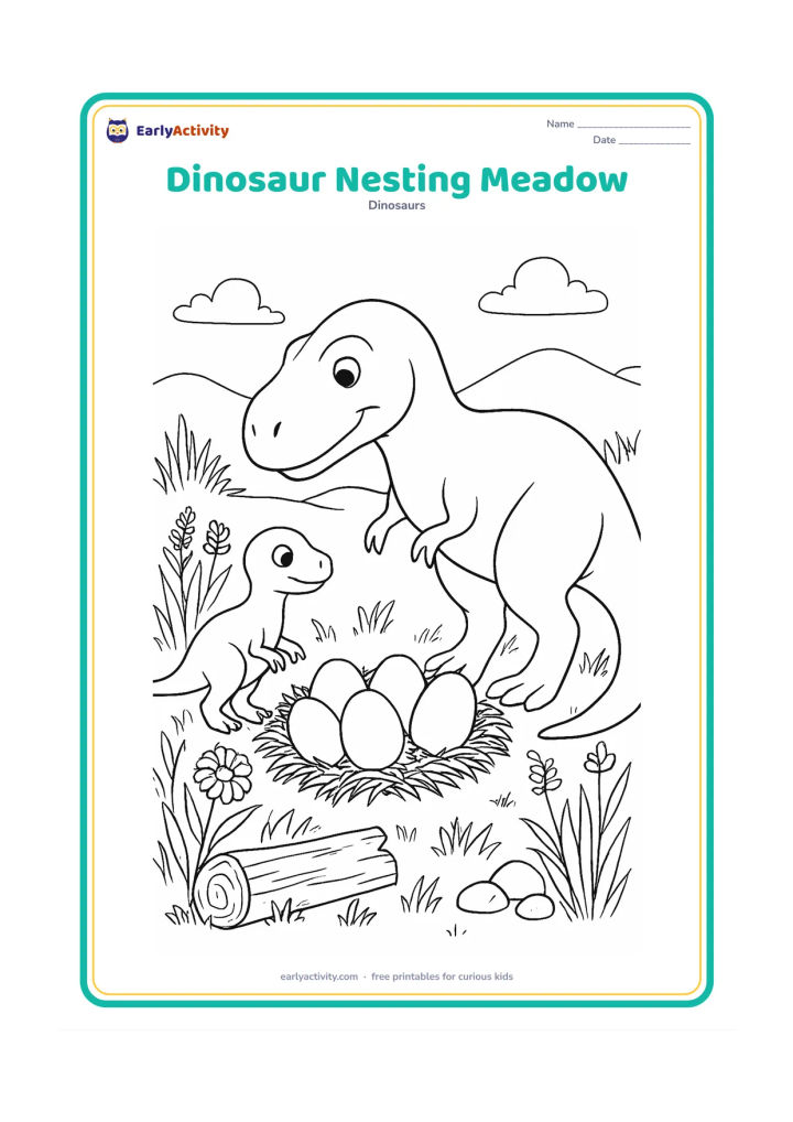 Colouring page: Draw a gentle mother T-Rex watching over a nest of several eggs in a meadow. Include a baby dinosaur, tall grasses, wild prehistoric flowers, a fallen log, rocks and distant hills.