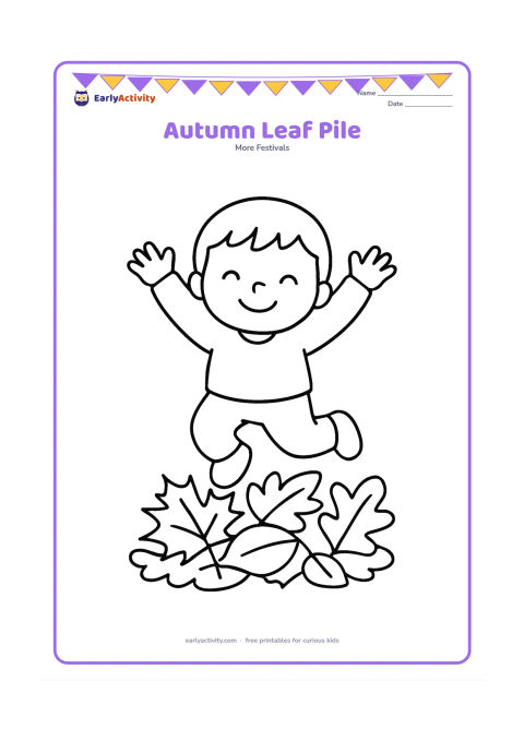 Colouring page: A smiling child jumps into a small pile of oversized maple, oak and round leaves. Show the child's arms raised and leave the background mostly empty.