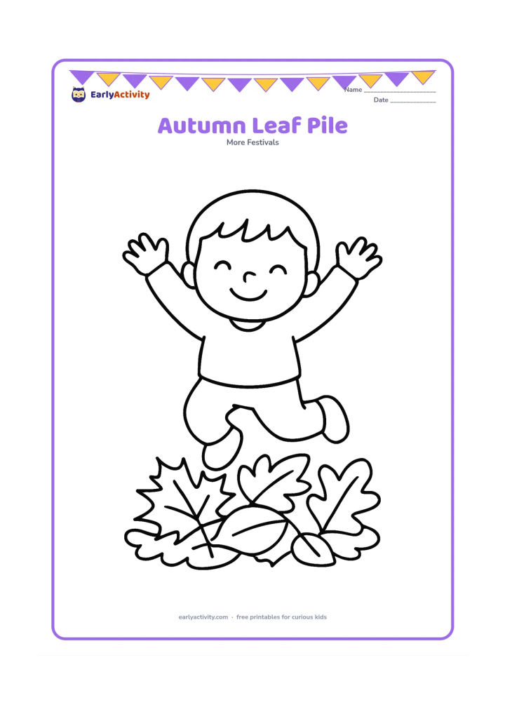Colouring page: A smiling child jumps into a small pile of oversized maple, oak and round leaves. Show the child's arms raised and leave the background mostly empty.