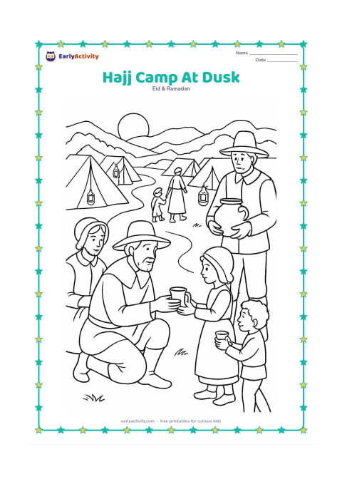 Colouring page: Pilgrims rest and share water near rows of tents at dusk, with a winding path, distant rocky hills, lanterns and groups helping one another. Include diverse adults and children in calm…