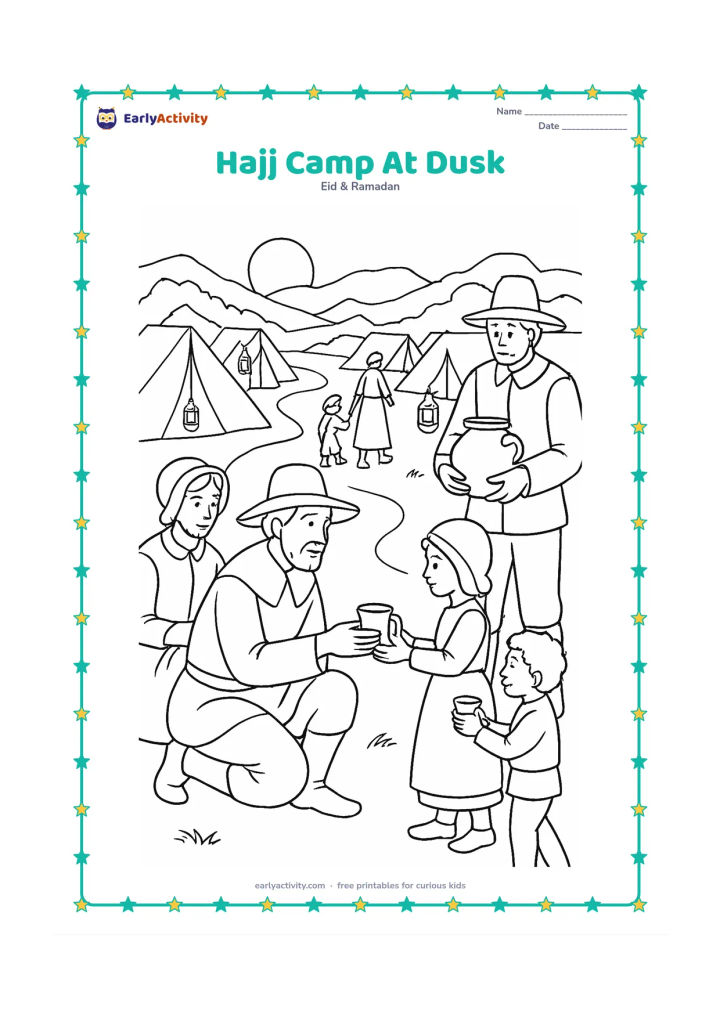Colouring page: Pilgrims rest and share water near rows of tents at dusk, with a winding path, distant rocky hills, lanterns and groups helping one another. Include diverse adults and children in calm…