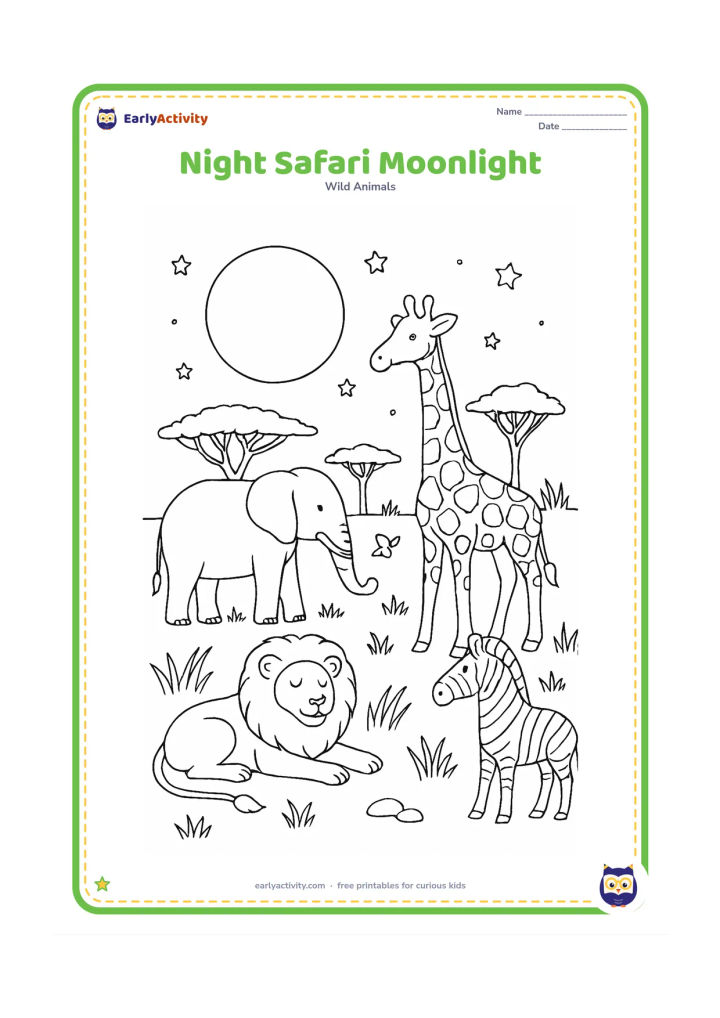 Colouring page: Draw a calm nighttime savannah with an elephant, giraffe, zebra and resting lion beneath a large moon. Add acacia silhouettes, tall grasses, scattered stones and stars, while keeping…