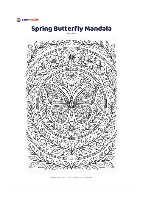 Colouring page: Build a circular mandala around a large symmetrical butterfly, with repeating wings, blossoms, curling stems and smaller butterflies spreading through the outer rings. Add two open…