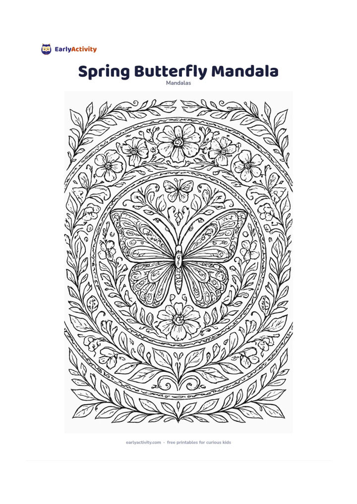 Colouring page: Build a circular mandala around a large symmetrical butterfly, with repeating wings, blossoms, curling stems and smaller butterflies spreading through the outer rings. Add two open…