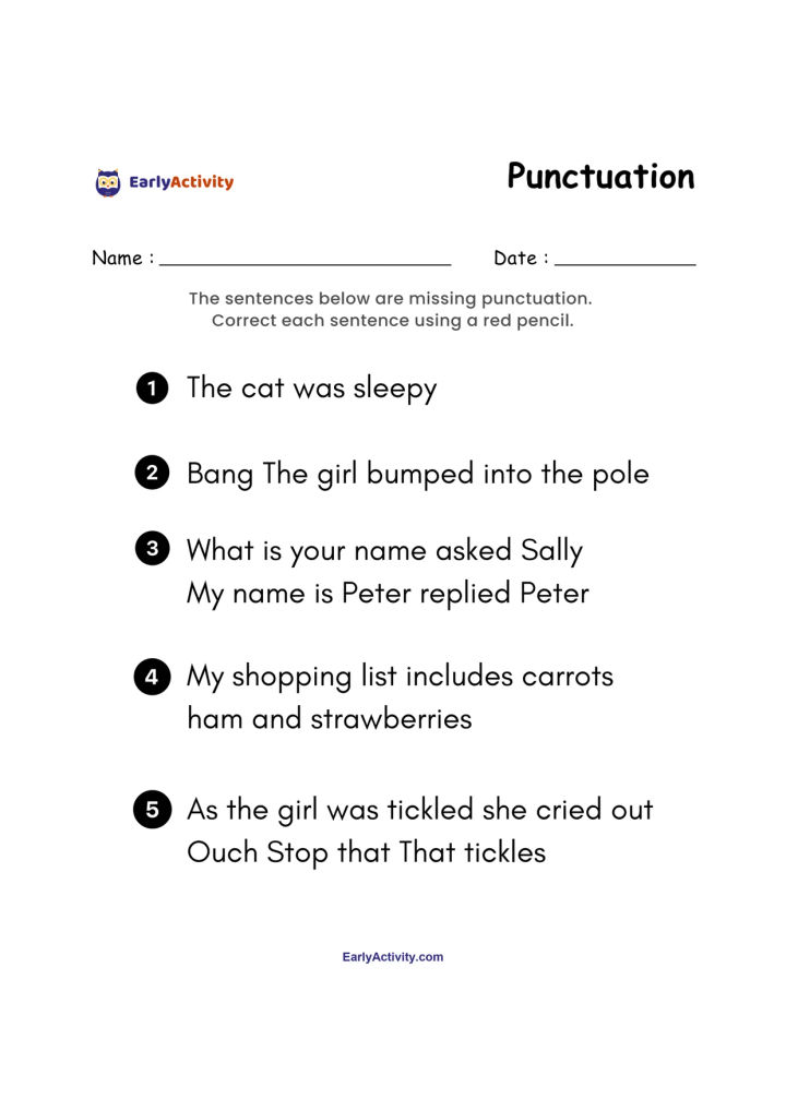 Worksheet with five numbered sentences for children to correct by adding missing punctuation marks.