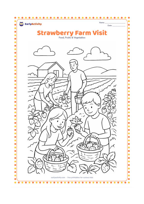 Colouring page: A family visiting a strawberry farm, with children picking berries into baskets, long planted rows, a simple farm shed, clouds, and a distant hill.