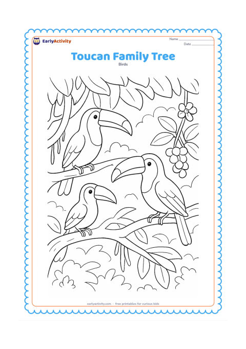 Colouring page: Three toucans rest at different heights in a large branching tropical tree, with one adult, one smaller young bird, and another adult facing a fruit cluster. Add layered canopy leaves,…