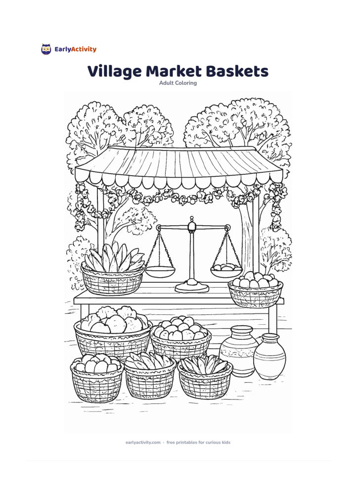 Colouring page: Draw a quiet Indian village market corner with stacked woven baskets of vegetables, a weighing balance without numbers, flower garlands, a cloth canopy, clay pots and leafy trees. Show…