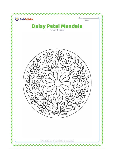 Colouring page: Draw a circular botanical pattern built from repeated daisy heads, petals, leaves and small curved stems, with a large daisy centre. Keep the design balanced and fully enclosed within…