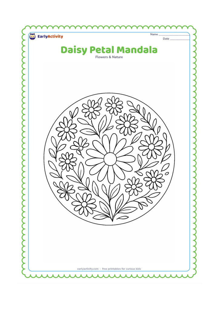Colouring page: Draw a circular botanical pattern built from repeated daisy heads, petals, leaves and small curved stems, with a large daisy centre. Keep the design balanced and fully enclosed within…