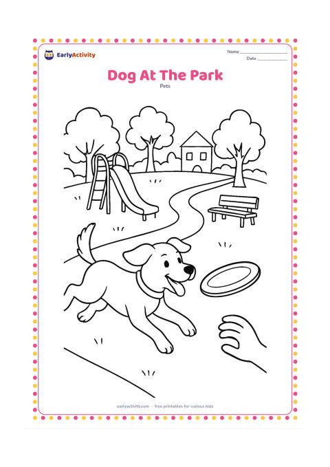Colouring page: Draw a dog running across a neighborhood park toward a frisbee, with a child's hand holding the other edge of the toy just outside the picture. Add a slide, a bench, trees, and a curving…