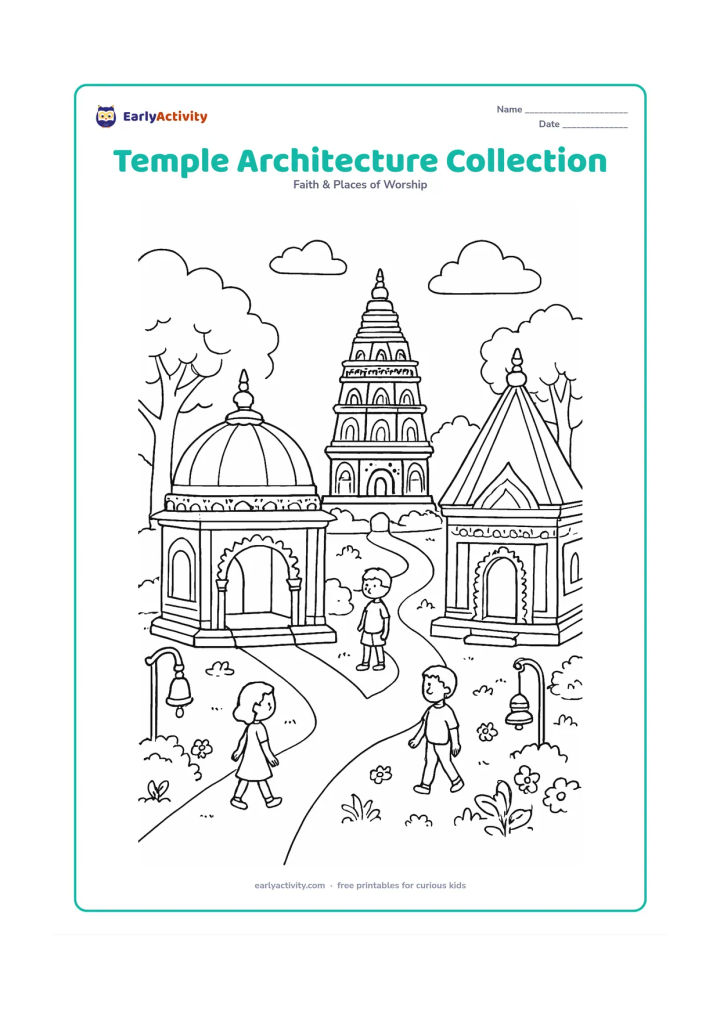 Colouring page: A wide scene showing three distinct temple forms in one peaceful landscaped courtyard: a domed shrine, a tiered tower and a steep-roofed hall. Add connecting paths, bells, lamps,…