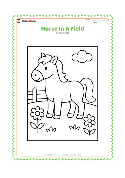 Colouring page: A friendly standing horse faces left in a wide grassy field, with a few large flowers, a simple fence and one small cloud behind it. Show a clearly outlined mane, tail and four hooves.